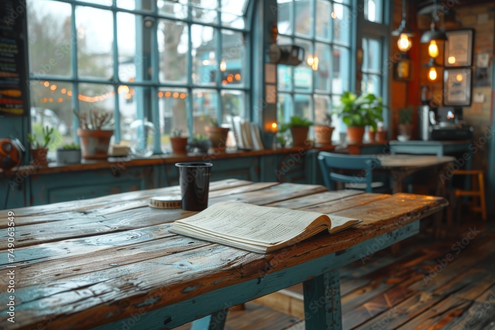 An inviting image capturing the warmth of a café interior with an open book awaiting its reader amidst wooden furnishings An inviting image capturing the warmth of a café interior with an open book awaiting its reader amidst wooden furnishings