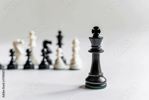 Chess pieces with king in focus on a white background