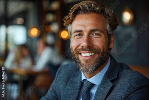 Charismatic and well-dressed man with a beard smiling confidently in a sophisticated bar setting