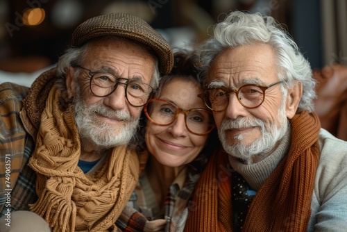 Trio of elderly friends with warm attire sharing a heartfelt moment and smiling closely together