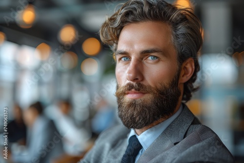 A smartly dressed young man with a beard looks confidently at the camera in an office setting photo