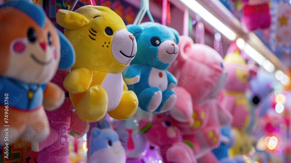 Soft toys hanging at a carnival game booth, colorful prizes