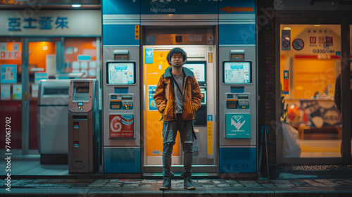 Portrait of one man stand in front of ATM machine