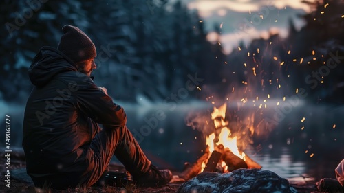 Man sitting by a campfire in a winter forest at dusk