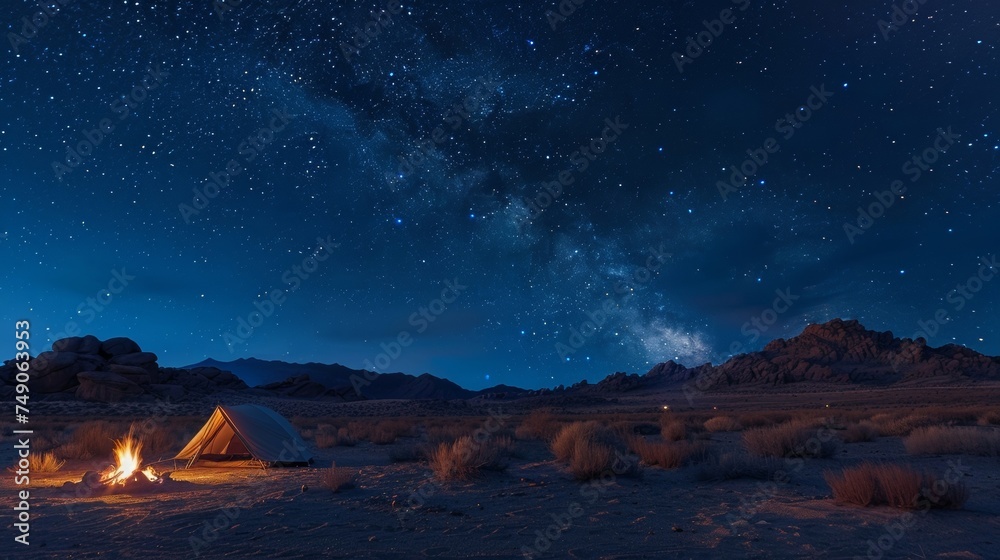 A lone tent pitched in the middle of a desert with a campfire burning nearby. The sky above is ablaze with stars creating a sense of tranquility and solitude as if the photographer