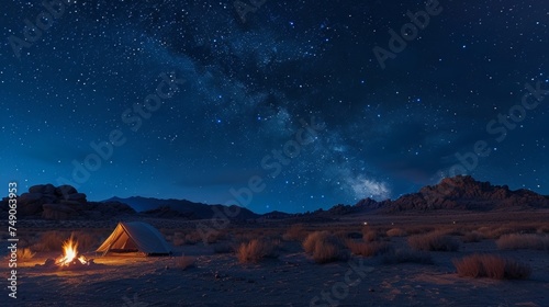 A lone tent pitched in the middle of a desert with a campfire burning nearby. The sky above is ablaze with stars creating a sense of tranquility and solitude as if the photographer