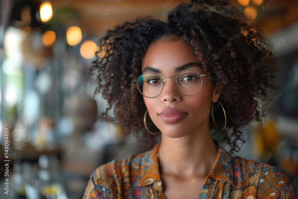 A confident young woman with curly hair wearing glasses and hoop earrings A confident young woman with curly hair wearing glasses and hoop earrings