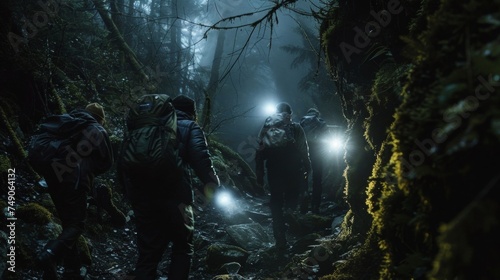 A group of hikers trudge through a dense forest flashlights ting through the darkness as they search for a hidden cave. Inside they discover ancient markings on the
