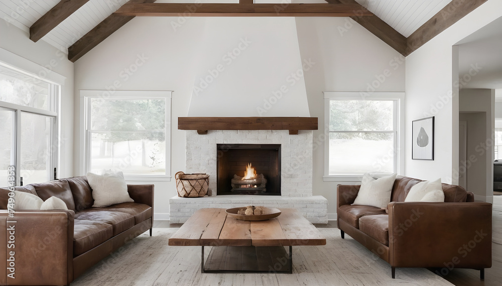 Fototapeta premium beautiful modern living room with fireplace and black and white decor