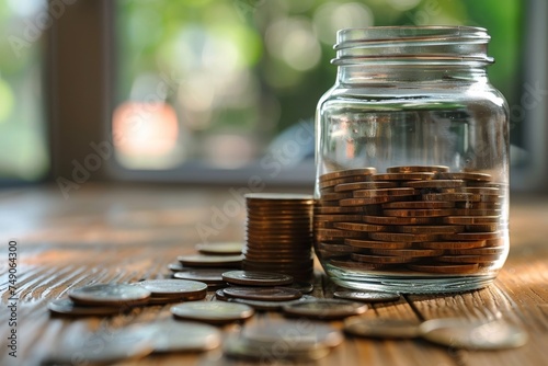 On a wooden table, a clear glass jar collects coins, symbolizing financial planning, investment, and saving for the future photo