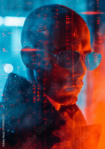 Person with Sunglasses in Intense Blue and Red Lighting with Digital Data