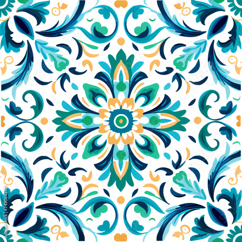 Ethnic folk ceramic tile in talavera style with turquoise blue floral ornament. Italian seamless pattern, traditional Portuguese and Spain decor. Mediterranean porcelain pottery on white background