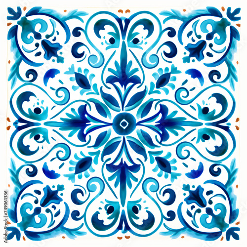 Ethnic folk ceramic tile in talavera style with turquoise blue floral ornament. Italian seamless pattern, traditional Portuguese and Spain decor. Mediterranean porcelain pottery on white background