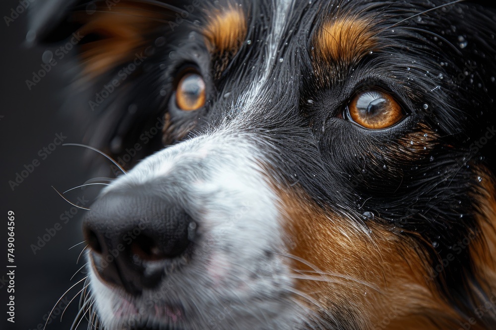 Intense close-up of a Bernese Mountain Dog's face with water droplets, capturing emotion and detail