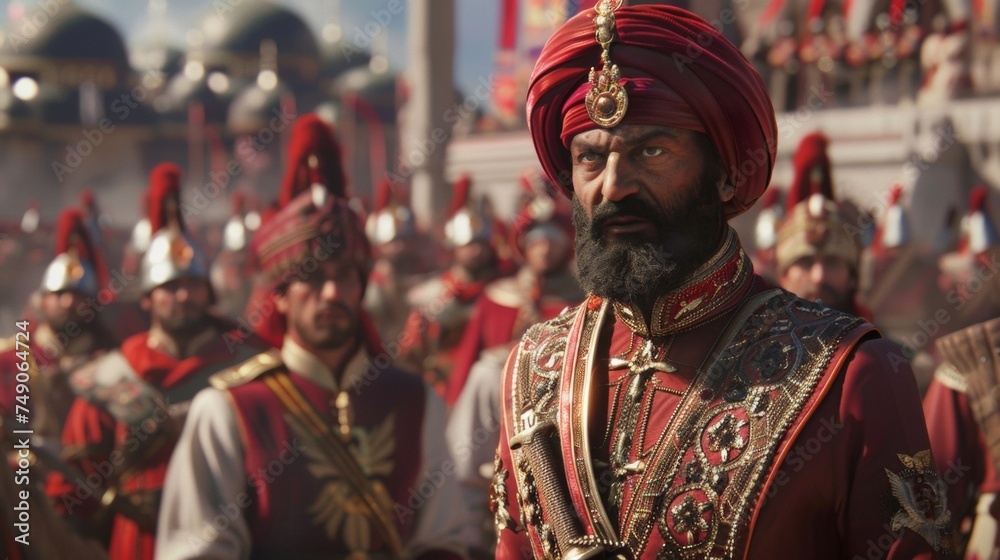 A highranking Janissary officer with his chest adorned in medals and his scimitar resting confidently in his belt commands attention and respect from his fellow troops.