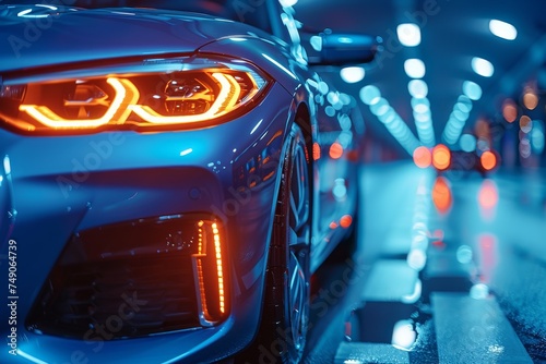 A strikingly detailed close-up of a car's headlight in nighttime showcasing modern automotive design and technology © svastix