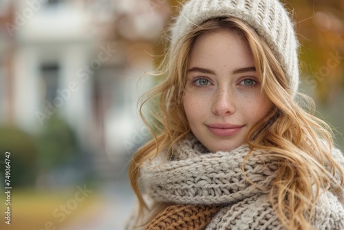 A captivating young woman with green eyes, wearing a knitted hat and scarf, looking softly into the distance