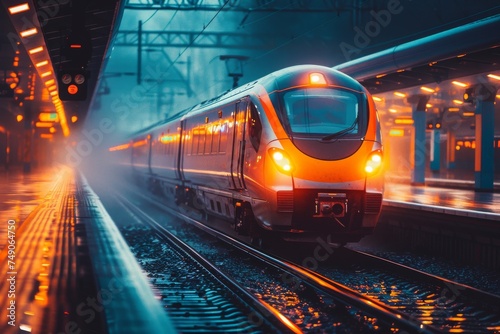 An electric passenger train lit with warm lights travels through a station on a rainy evening, reflecting its journey