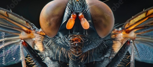 This close-up shot showcases a flesh fly insect with intricate details on a stark black background. The insects features are clear and detailed, providing a unique view of this common insect.