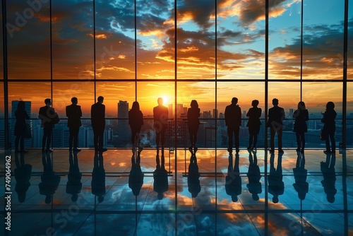 Multiple silhouettes stand before a window, witnessing a vibrant sunset, representing collective success and vision