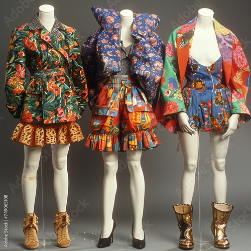 Three Mannequins Showcasing Vibrant and Patterned Fashion Styles - 1990s Nostalgia in Fashion