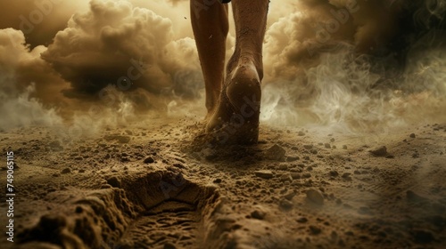 A pair of feet ed and covered in dust push forward against the hot sand leaving a trail of footprints behind. Dark ominous clouds loom in the distance as the person faces