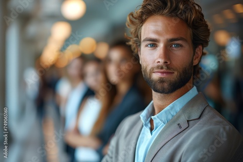 Smart casual professional male with serious expression and colleagues behind him in a business environment photo