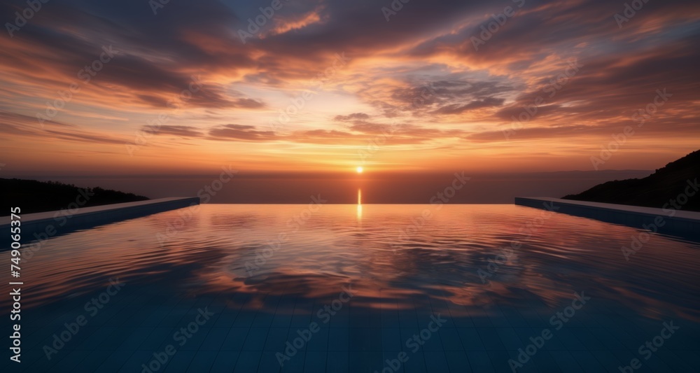 Tranquil sunset by the infinity pool Tranquil sunset by the infinity pool