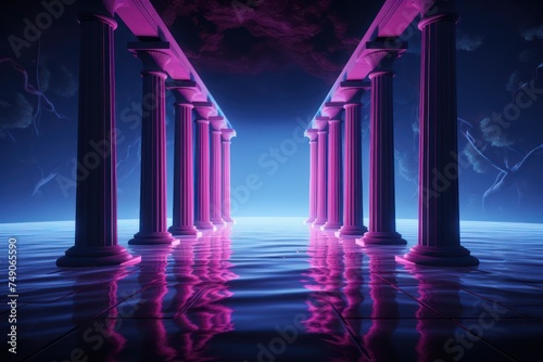Isolation beauty ancient neon serene a solo journey through neon lit columns of a drowned coliseum serene beauty style minimalist with soft neon glows