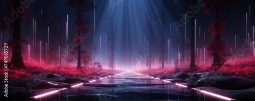 Medium shot of a minimalist scene where technology meets wilderness in a neon forest highlighting the dynamic dimensions trend