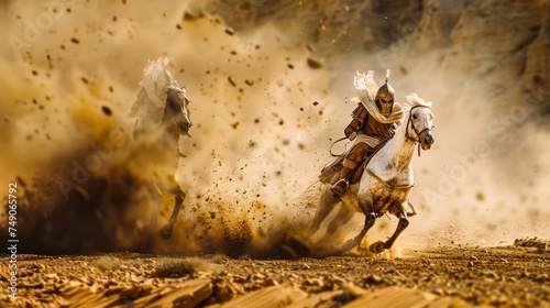 A pair of Numidian cavalrymen racing through the desert their horses kicking up dust behind them as they head towards battle. photo