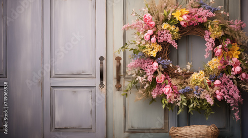 Chic Floral Decoration on Vintage Blue Wooden Doors