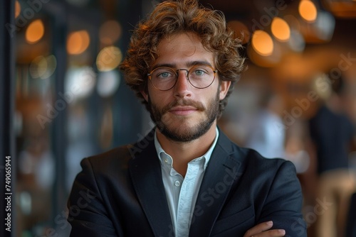 Curly-haired young man wearing glasses, looking thoughtful, with a soft focus background