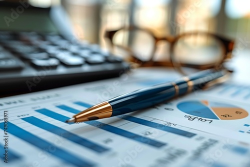 Close-up of financial charts, eyeglasses, and pen on a desk conveying business and analysis concept