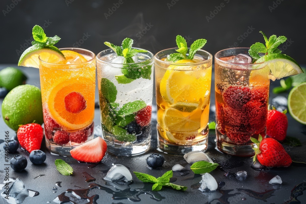 An enticing collection of various cocktails studded with fresh berries and citrus slices on dark backdrop
