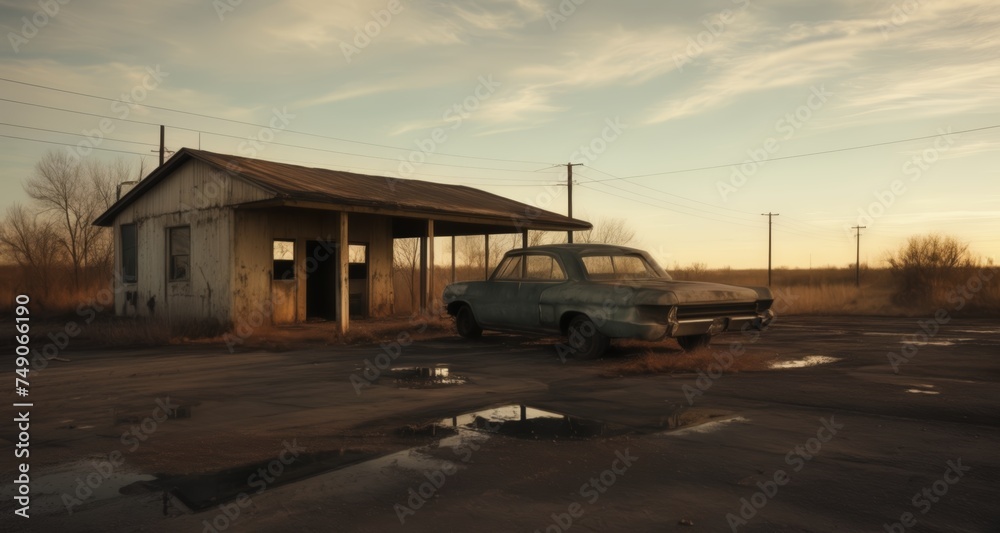  Abandoned beauty - A vintage car and dilapidated building in a deserted lot