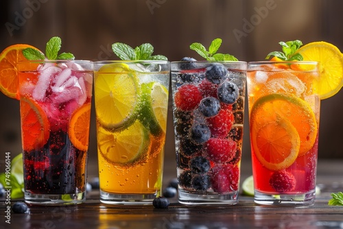 Colorful array of refreshing fruit cocktails with ice and fresh garnish displayed in clear glasses