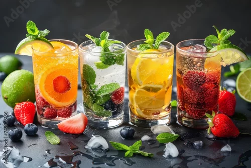 Obraz An enticing collection of various cocktails studded with fresh berries and citrus slices on dark backdrop