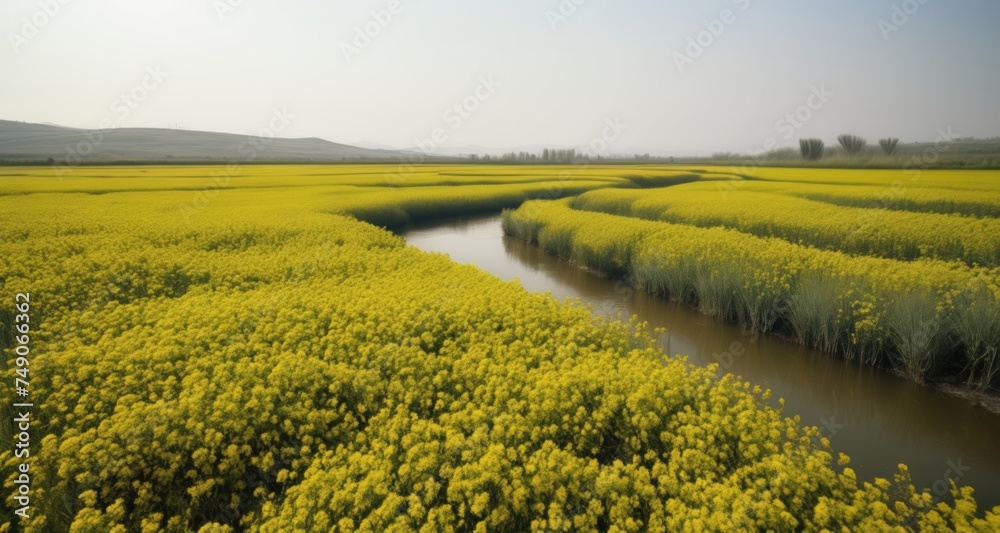  Vibrant yellow field, serene river, and distant mountains under a clear sky