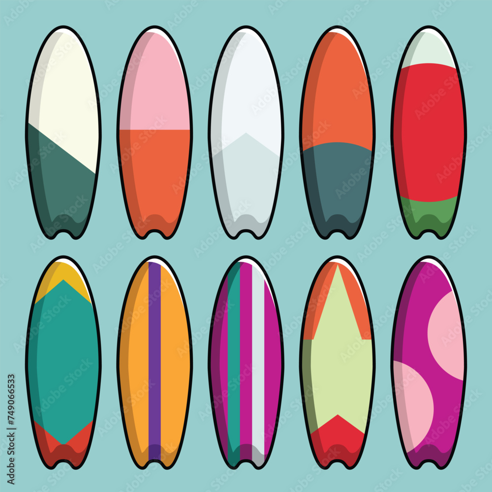 Surfboard Icon Set with Interesting Color Combinations. Vector Illustration. Surfboard Icon Set with Interesting Color Combinations. Vector Illustration.