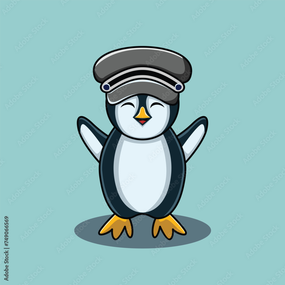 Fototapeta premium Vector illustration of cute little baby penguin with hat isolated. In flat style.