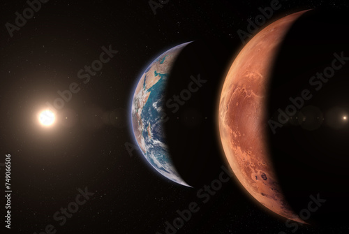 Fototapeta Naklejka Na Ścianę i Meble -  Mars and Earth. Beautiful planets Earth and Mars view from space. Terrestrial planets. Planetary alignment. Elements of this image furnished by NASA.