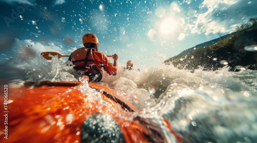 A group of explorers paddle furiously down a raging river rafts bouncing and spinning as they navigate through whitewater rapids. The sun glints off bright orange