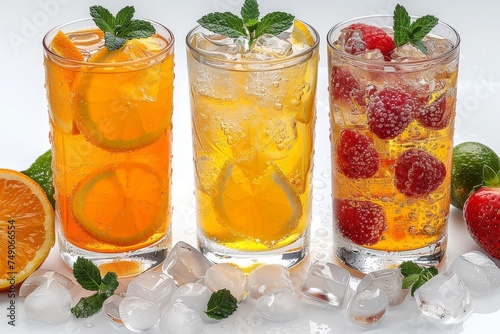 Trio of bubbly, citrus-based beverages with fresh fruit slices and mint, suggesting coolness on a hot day