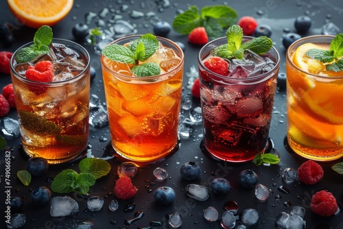 Four refreshing beverages with ice  adorned with various fruits and berries  capturing the essence of hydration and taste