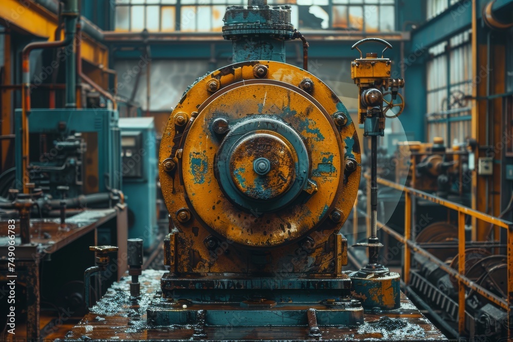A piece of old industrial machinery sits idle amidst the rustic surroundings of an aging factory setting