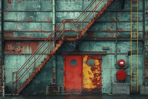 Striking image of a rustic industrial building featuring colorful and weathered doors - a mix of decay and vibrancy