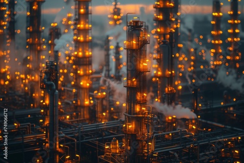 Vertical refinery structures emit soft plumes of steam against the twilight sky, signifying industry and its environmental impact