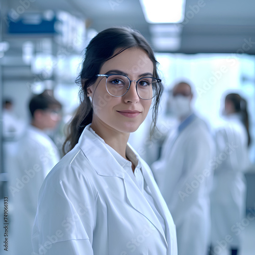 young woman scientist wearing white coat and glasses in modern Medical Science Laboratory with Team of Specialists on background
