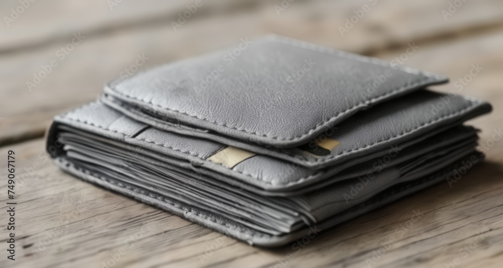 Stack of wallets on wooden surface Stack of wallets on wooden surface